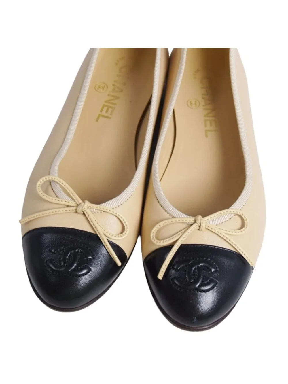 Chanel Pumps Ballerina Ribbon CC Logo Leather Shoes 36C Beige